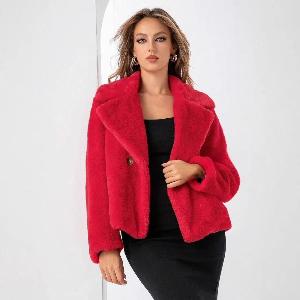 Women's loose short faux fur coat in rose red colour with regular sleeves