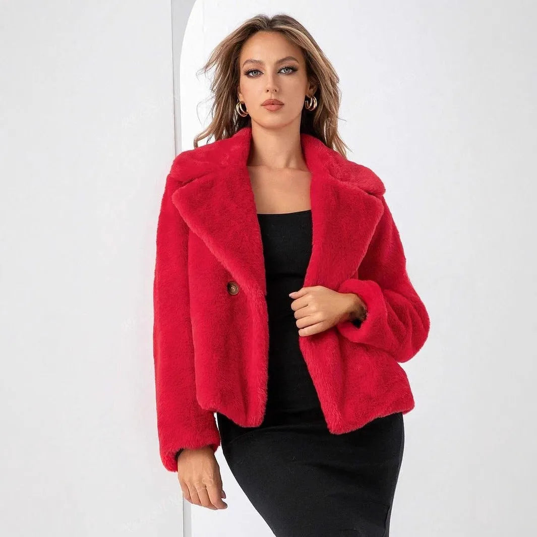 Women's loose short faux fur coat in rose red colour with regular sleeves